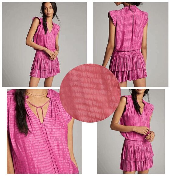 🧡 CURRENT AIR Maude Smocked Tiered Elastic Waist Orange Coral Mini Dress SIZE S - Picture 2 of 15